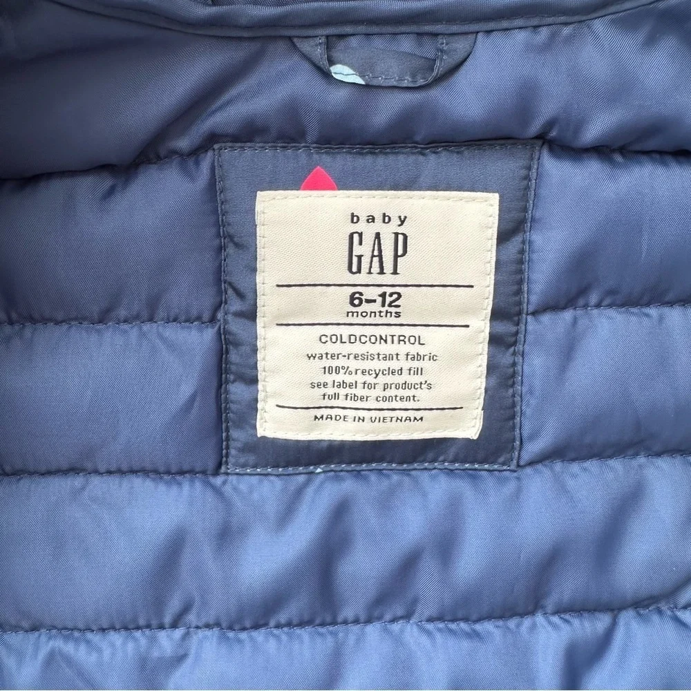 Baby Gap ColdControl Puffer Jacket Navy Heart Print Hooded 6-12M Water Resistant